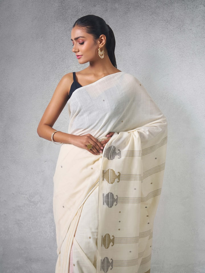 Off-white & Gold Cotton Extra-weft Saree