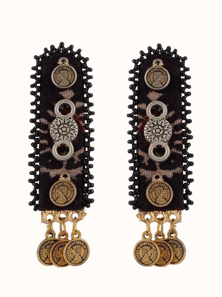 front view of ajrakh drop earrings with traditional block print design