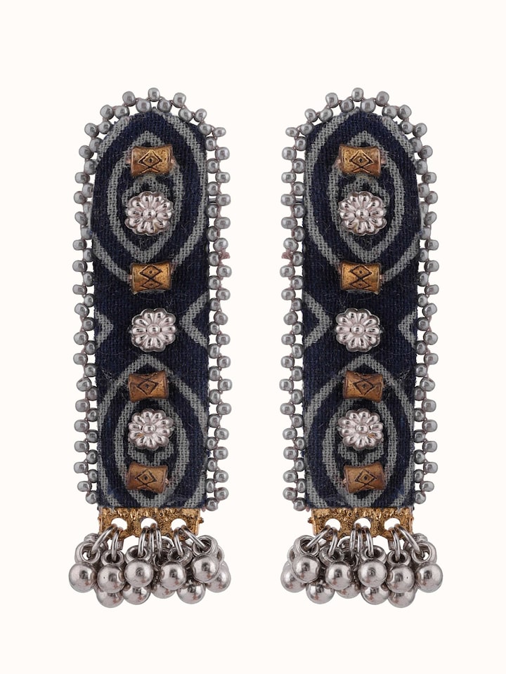 front view of ajrakh drop earrings with traditional block print design