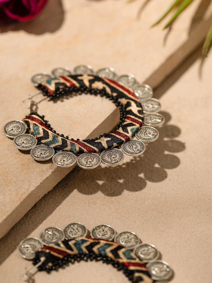lifestyle view of ajrakh hoop earrings