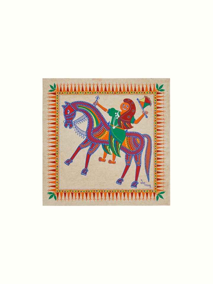 Front view of Pithora Horsewoman with a Hand Fan Painting showcasing traditional Pithora art and vibrant colors.