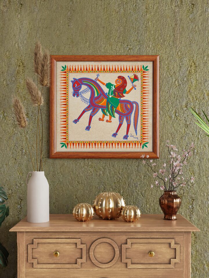 Side view of Pithora Horsewoman with a Hand Fan Painting highlighting detailed artwork and patterns.