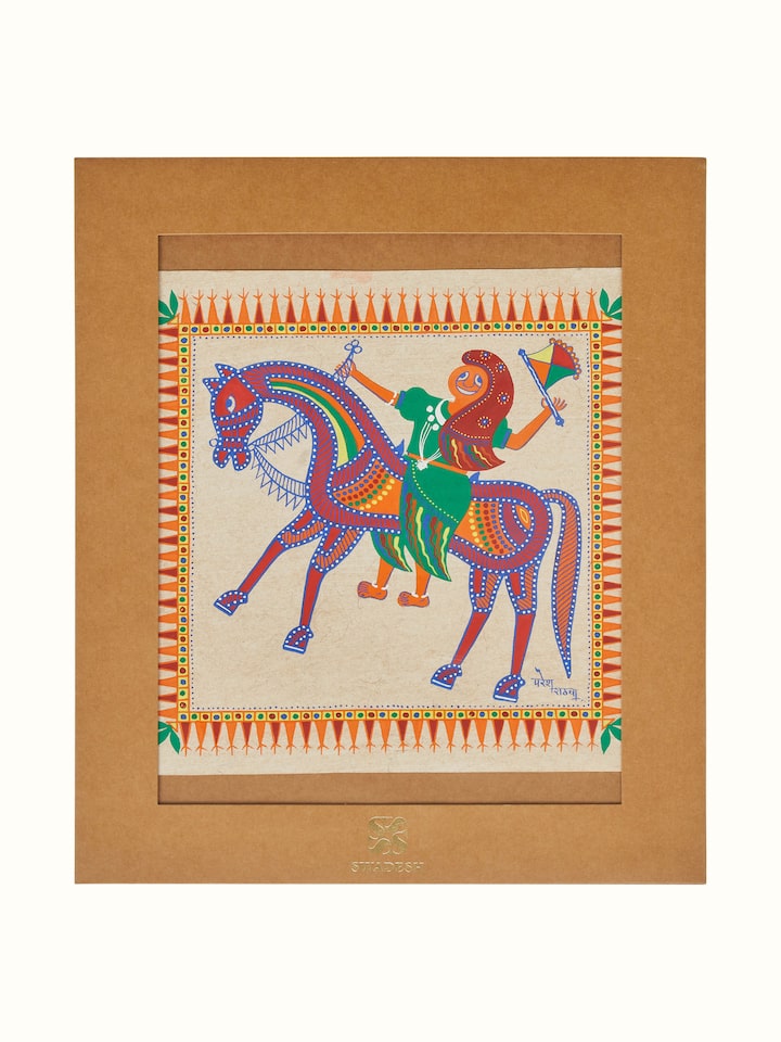 Close-up detail of Pithora Horsewoman with a Hand Fan Painting focusing on intricate designs and brushwork.