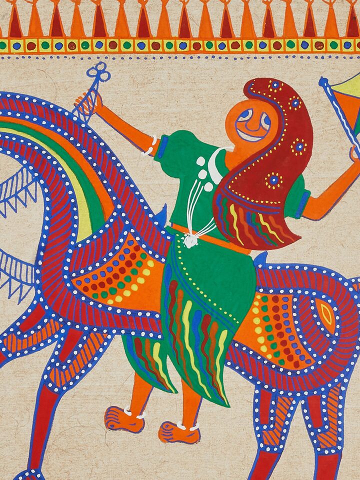 Alternate view of Pithora Horsewoman with a Hand Fan Painting displaying different angles and detailed elements.