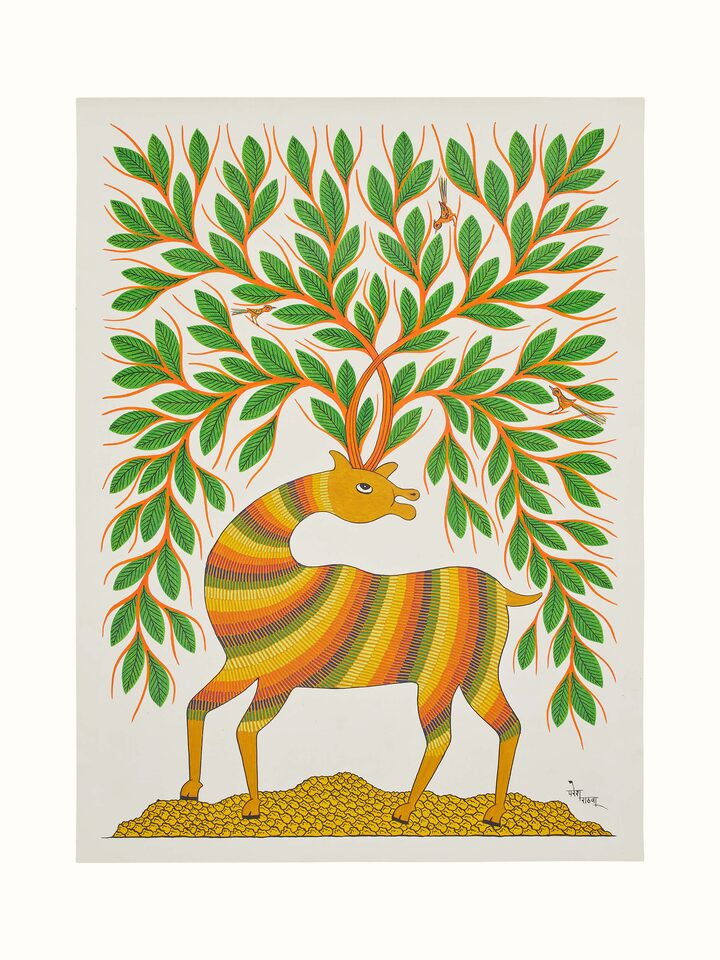 Front view of Pithora Deer Painting showcasing traditional artwork and vibrant colors.