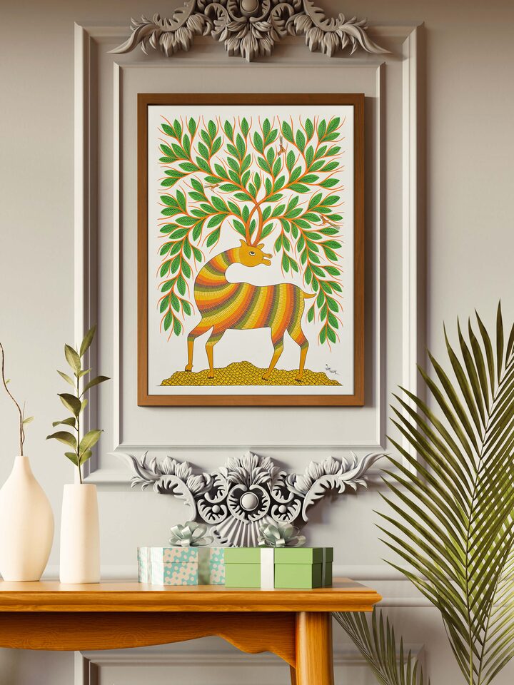 Close-up detail of Pithora Deer Painting highlighting the fine brushwork and intricate details.