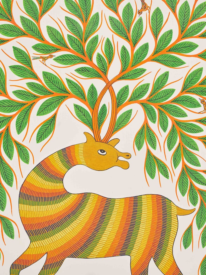 Side view of Pithora Deer Painting focusing on the texture and color depth.