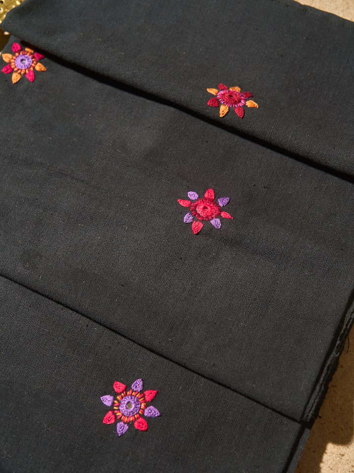Close-up detail of Lambani embroidery on black cotton blouse piece