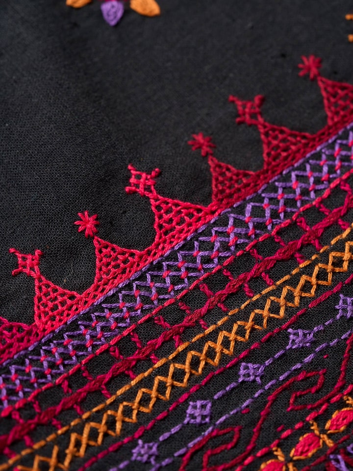 Additional detail view of multicolor Lambani embroidery on black cotton fabric