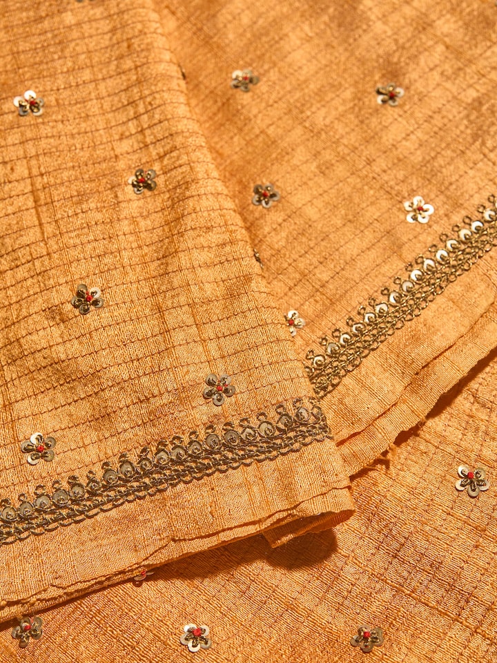 Detail shot of Rust Tussar Silk Zardozi Embroidered Blouse Piece focusing on exquisite Zardozi work