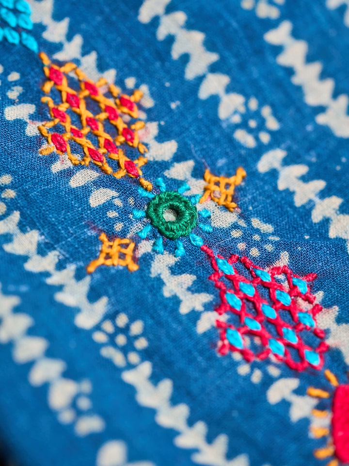 Detail shot capturing vibrant Lambani stitches and mirror work on indigo base