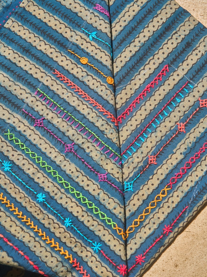 Close-up of Blue & Beige Cotton Lambani Embroidered Blouse Piece highlighting embroidery and cotton texture