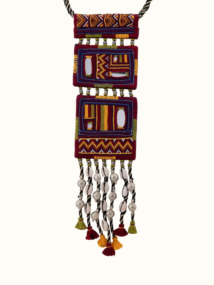 Front view of Banjara Embroidery Long Necklace featuring colorful embroidery and intricate design.