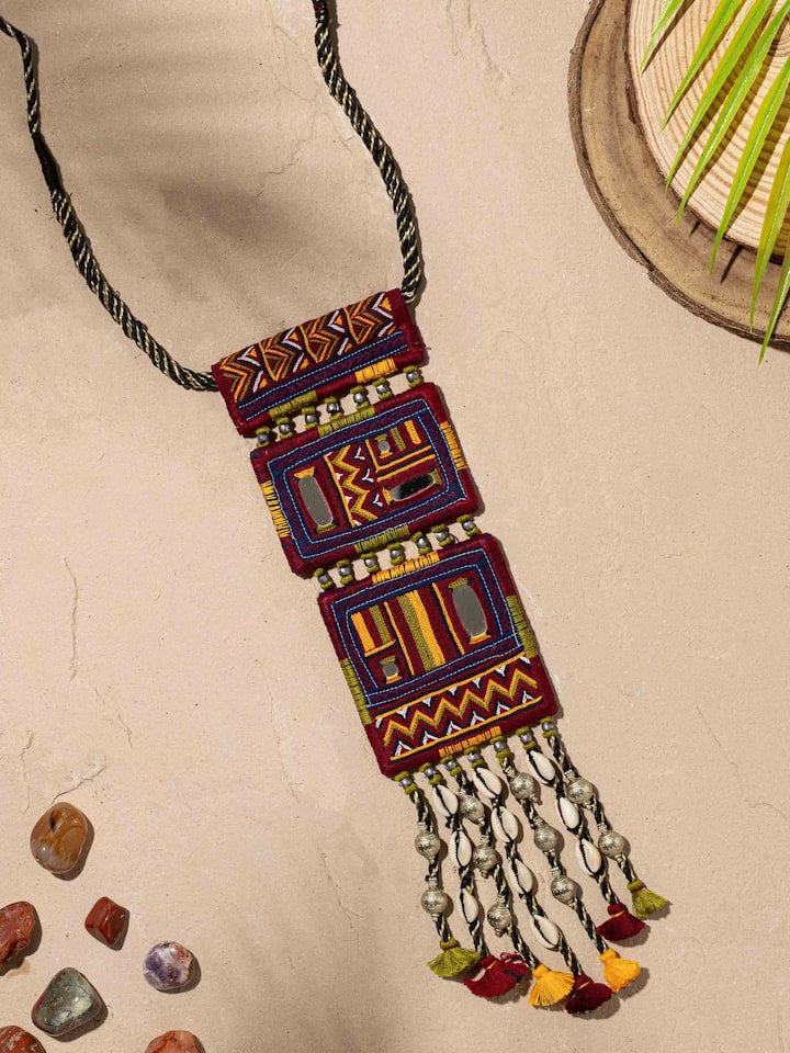 Side view of Banjara Embroidery Long Necklace highlighting the rich embroidery and length.