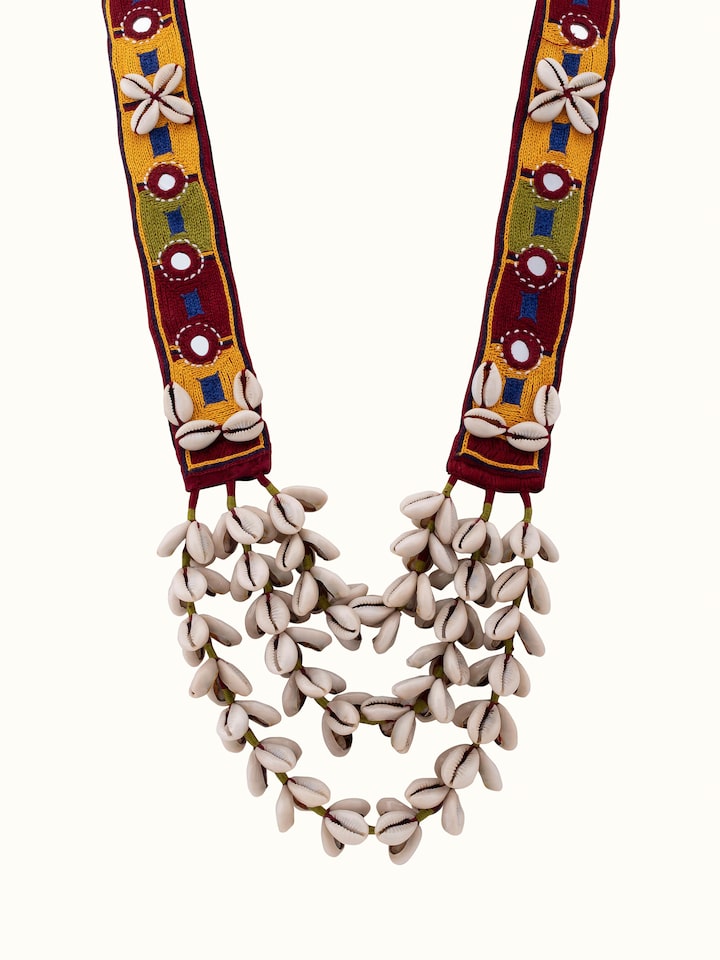 Front view of Banjara Embroidery Long Necklace featuring vibrant embroidery and intricate beadwork.