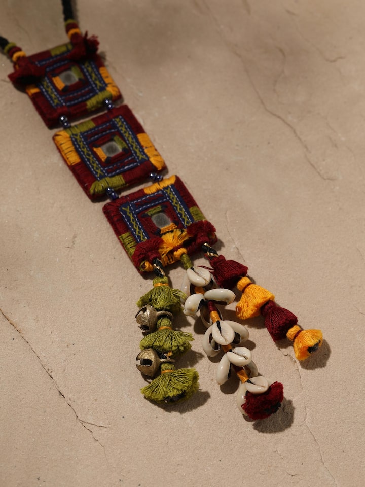 Detailed close-up of Banjara embroidery long necklace highlighting the intricate embroidery work.