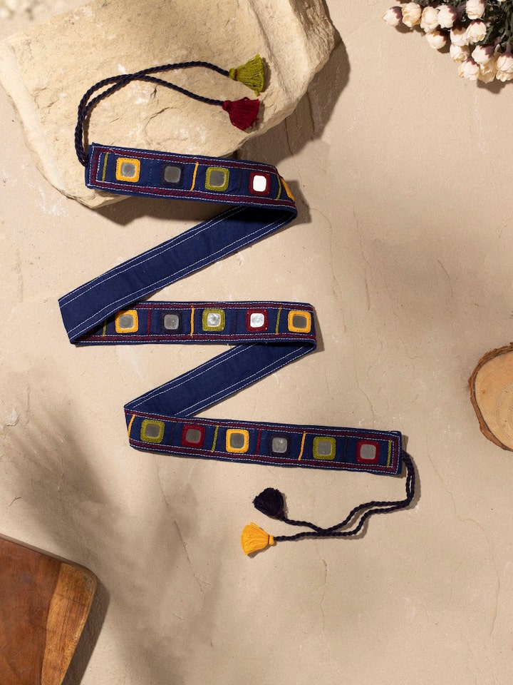 Side view of Banjara embroidery waist belt highlighting its detailed stitchwork
