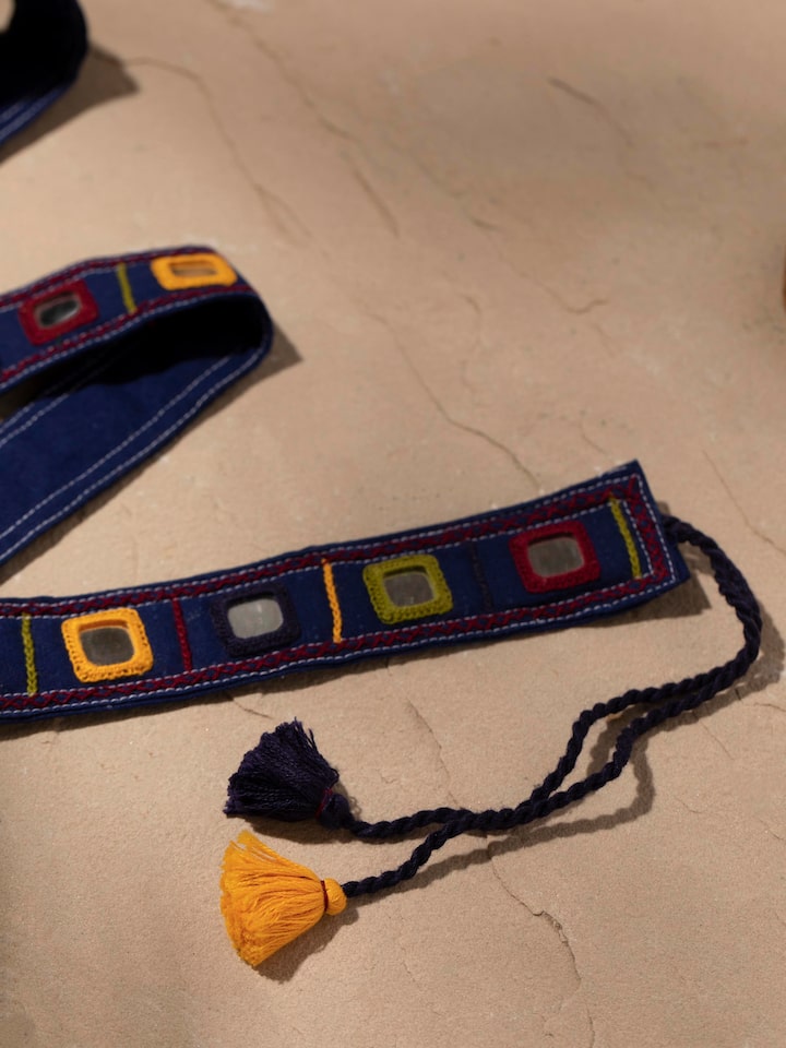 Detailed front view of Banjara embroidery waist belt showcasing its colorful embroidery