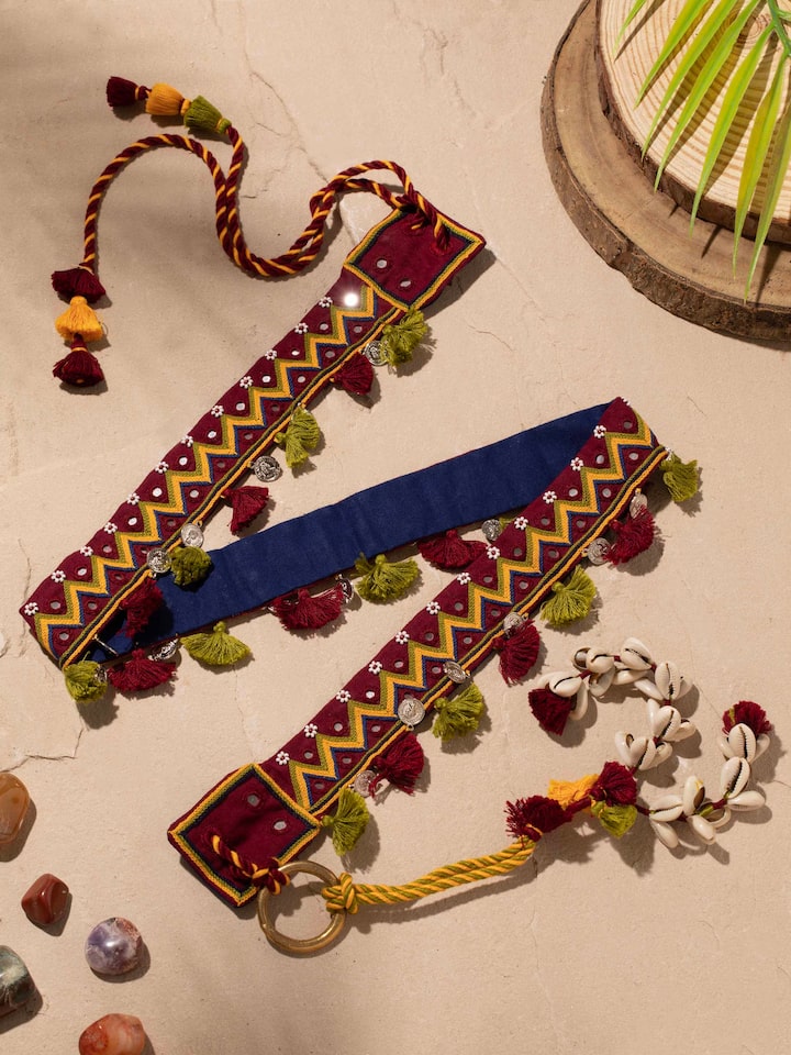 Styled detail view of Banjara Embroidery Waist Belt worn at the waist, shown in another styled shot