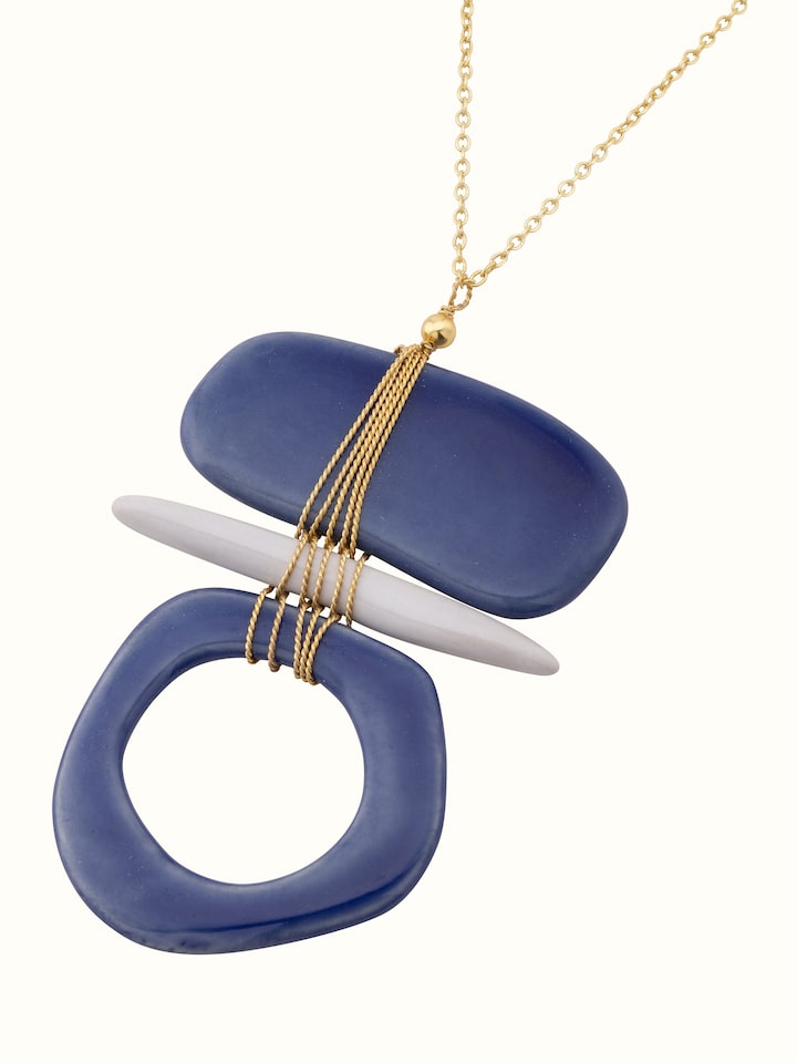 Angled view of Ceramic Long Necklace showcasing the unique ceramic beads and overall design.