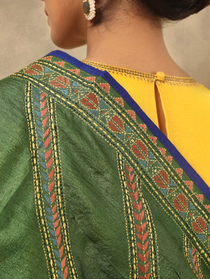 Olive Tussar Silk Kantha Embroidered Stole