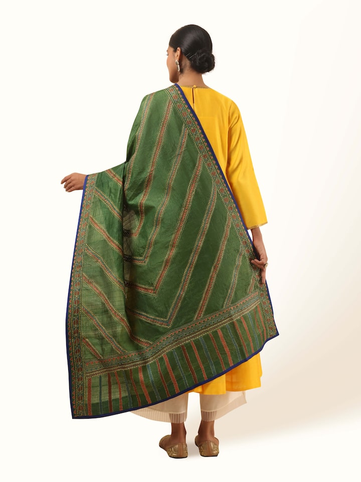 Olive Tussar Silk Kantha Embroidered Stole