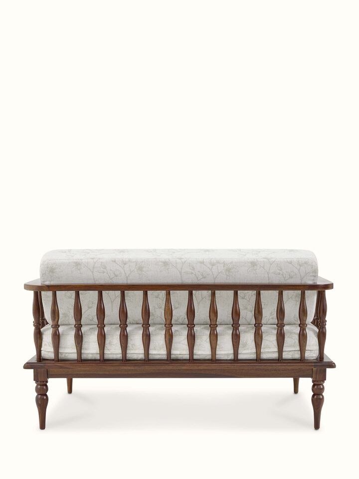 Top-down view of the teak finish upholstered sheesham wood 2-seater sofa, showing the seating area and armrests