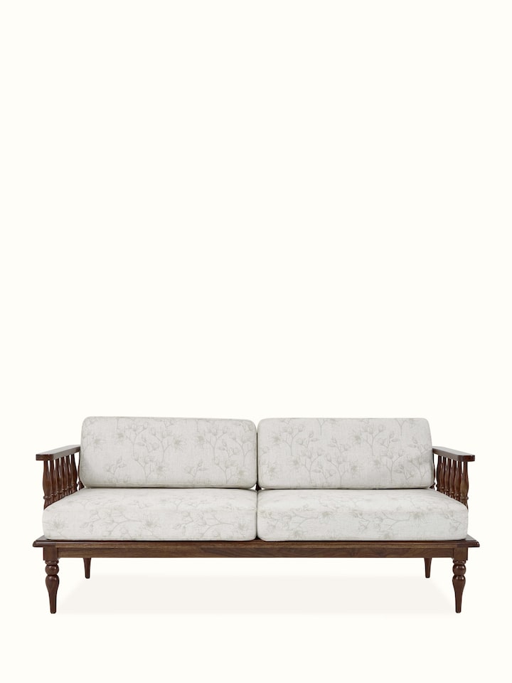 Front view of the teak finish upholstered Sheesham wood 3-seater sofa, showcasing its elegant design and sturdy structure