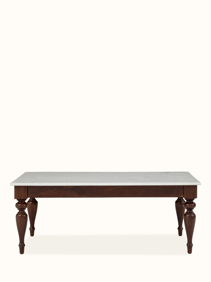 Front view of Sheesham wood & marble coffee table, showcasing its elegant design and premium materials.