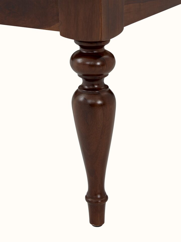 Close-up view of Sheesham wood & marble coffee table, focusing on the intricate details and craftsmanship.
