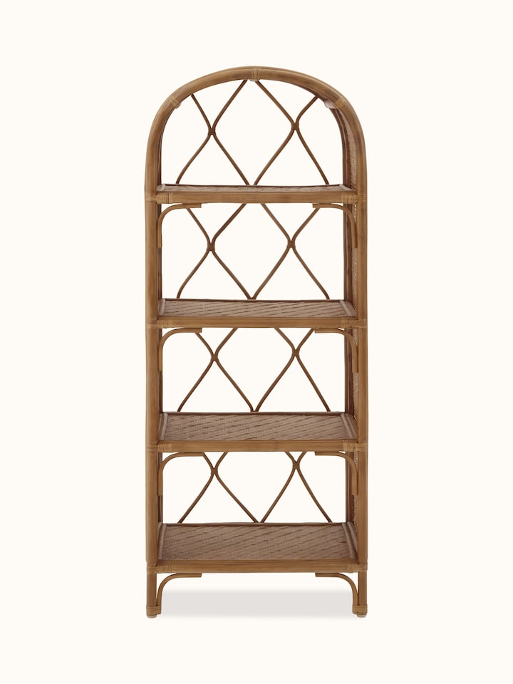 Front view of the cane bookshelf showcasing its natural texture and multiple shelves