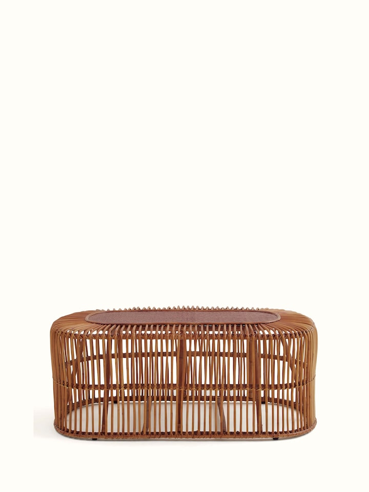 Front view of Cane & Bamboo Coffee Table, highlighting its natural texture and intricate weaving