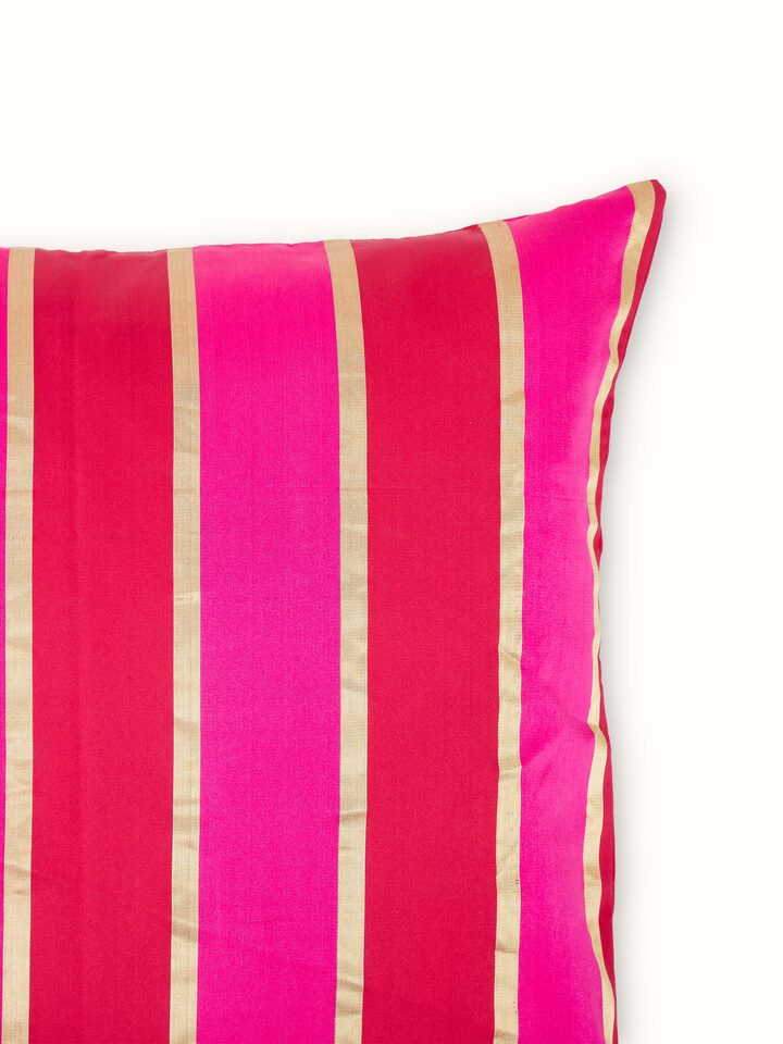 Aarcha raspberry stripe silk brocade Banarasi handloom cushion cover, displayed to emphasize its elegant design.