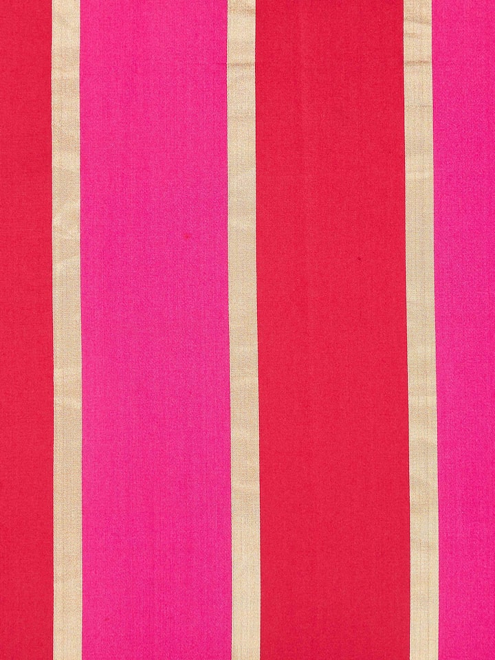 Close-up of Aarcha raspberry stripe silk brocade Banarasi handloom cushion cover, focusing on its luxurious fabric and pattern.