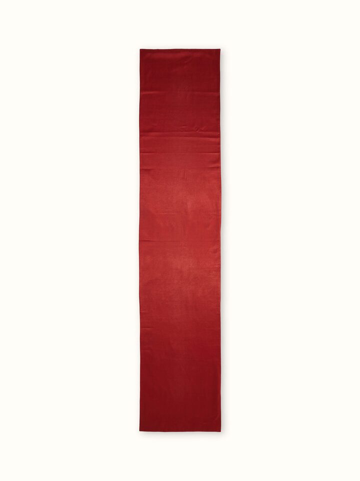 Back view displaying neat handloom finish and clean edging on Bhoomi red Odisha Ikat bed runner