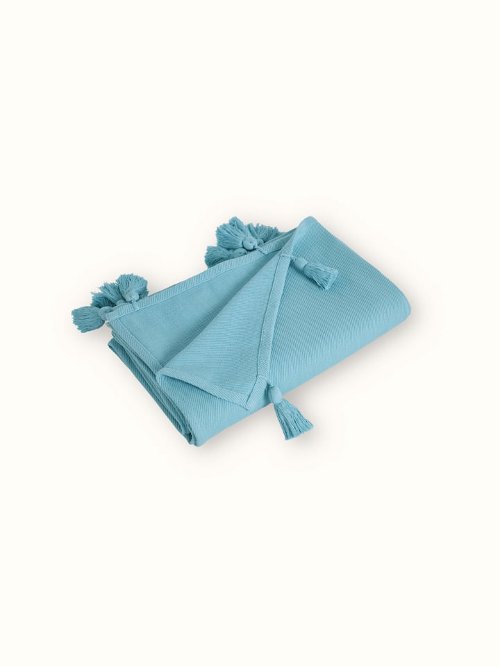 Full view of Tavas turquoise twill cotton handloom throw spread out to showcase the overall design and color