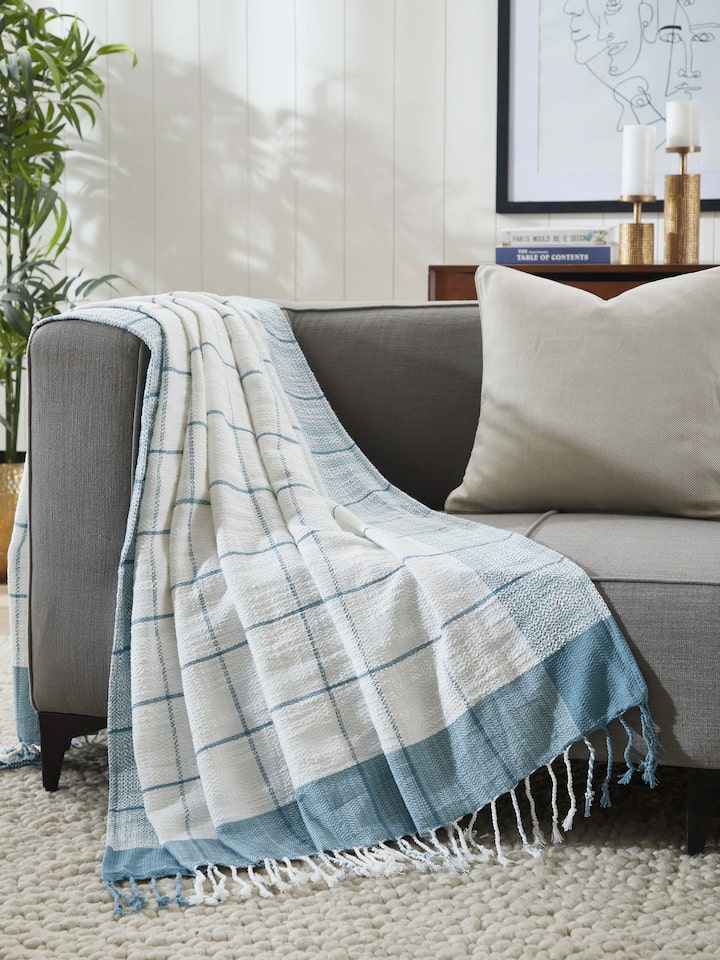 Full layout of Cotton Handloom Throw, displaying the vibrant yet soothing turquoise shade and clean edges.