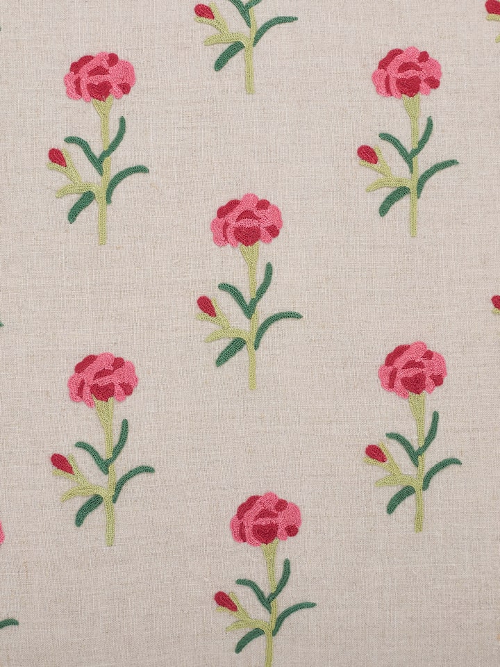 Detailed view of Mughal miniature magenta buti linen crewel hand embroidered cushion cover, highlighting the embroidery patterns and fabric quality.