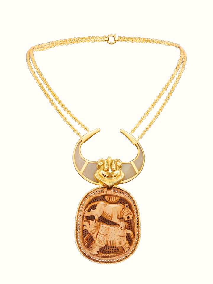Front view of Carved Wood & Silver Long Necklace showing the complete piece and design