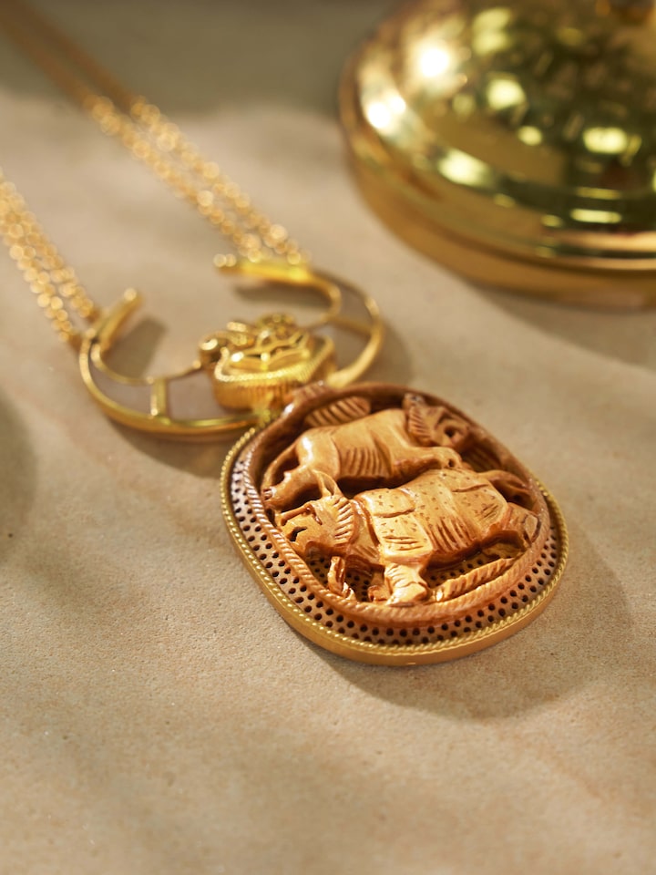Close-up view of Carved Wood & Silver Long Necklace highlighting the stone setting and metalwork detail, from a different angle