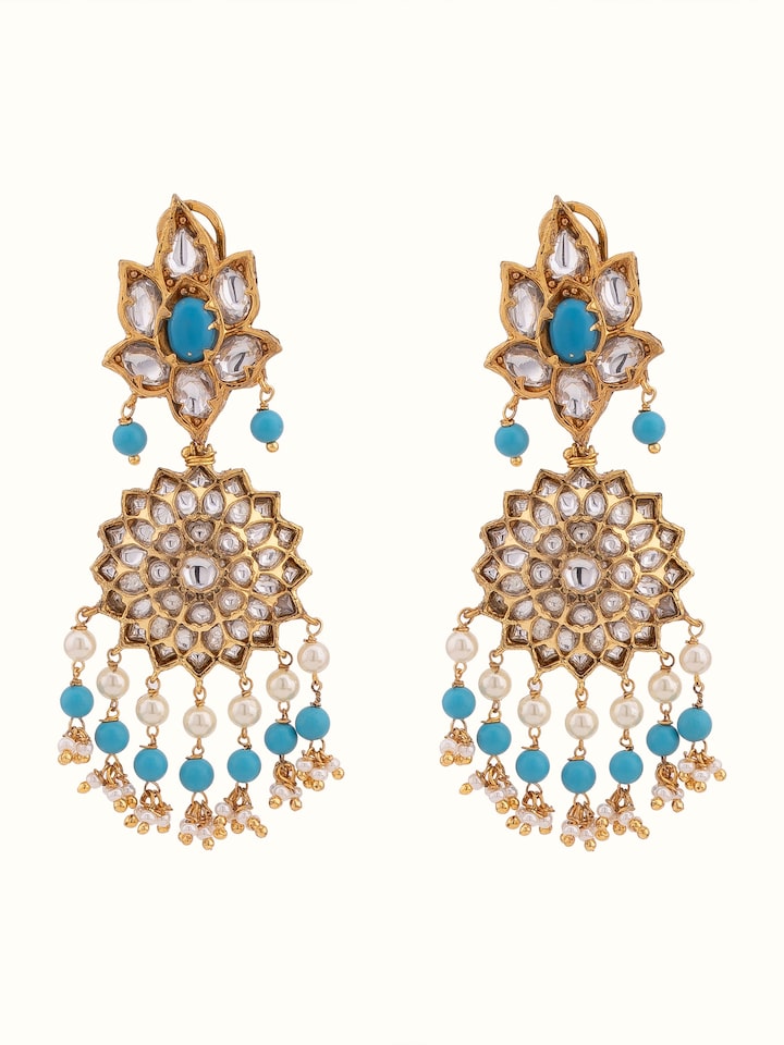 Front view of Bandhel metal drop earrings featuring unique design and finish