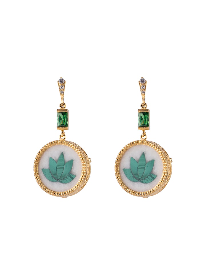 Front view of Parchinkari Silver Drop Earrings with inlaid enamel work and elongated drop shape.