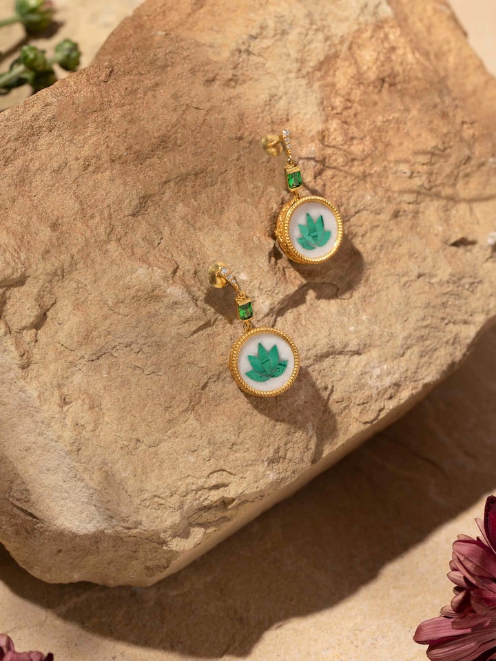 Lifestyle view of Parchinkari Silver Drop Earrings paired with loose waves and ethnic outfit.