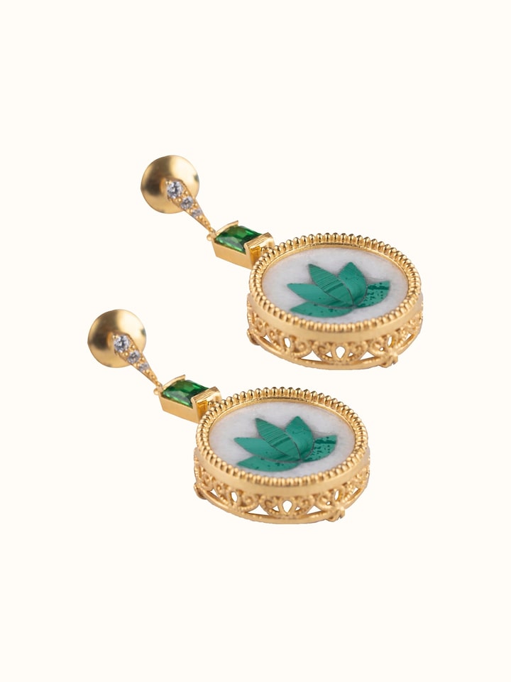 Overhead view showing the sleek profile and detailed craftsmanship of Parchinkari Drop Earrings.