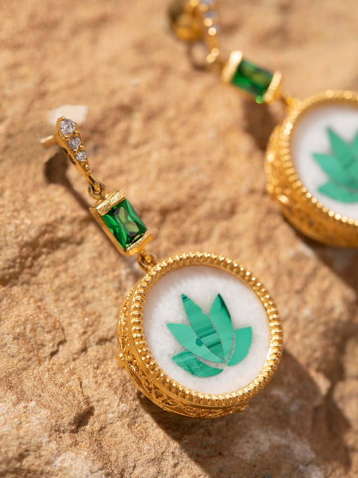 Detail shot highlighting the intricate engraving and inlay design on Parchinkari Silver Drop Earrings.