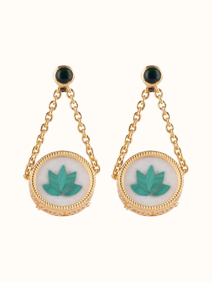 Front view of Pacchikari silver drop earrings showcasing their traditional design and intricate detailing.