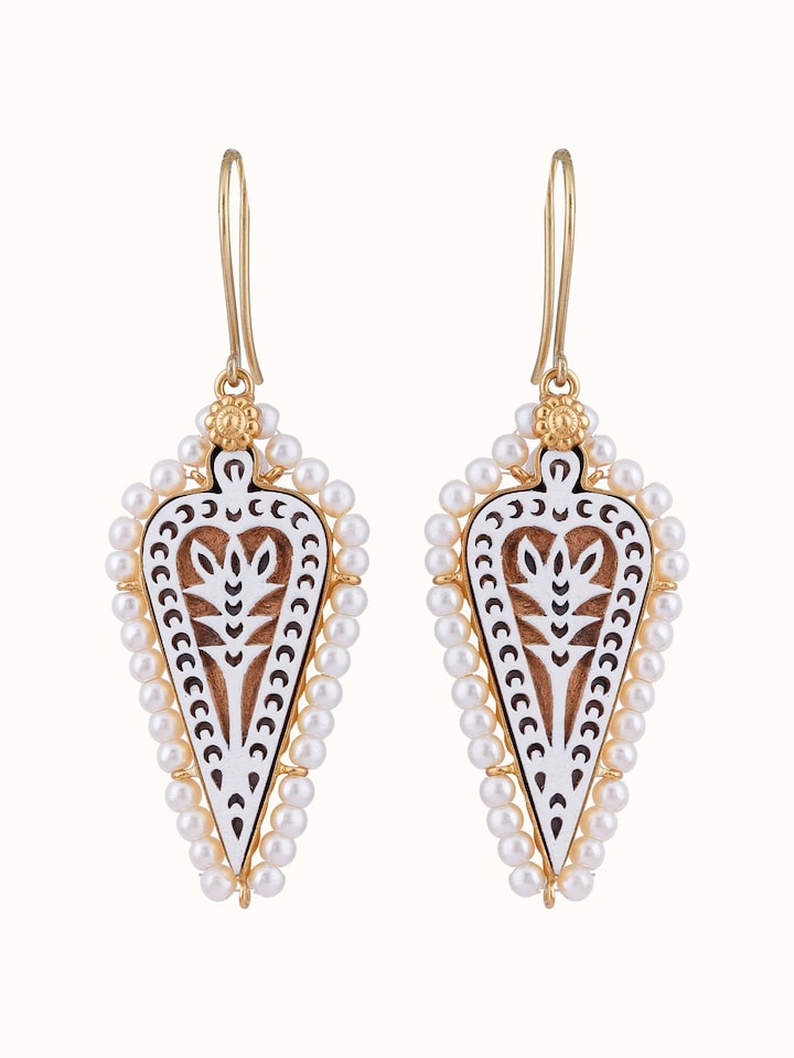 Front view of Wood Block Carving Drop Pair Earrings showcasing traditional block carving and intricate designs.