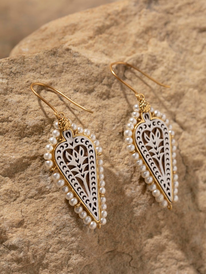 Detailed view of Wood Block Carving Drop Pair Earrings focusing on the block carving details and design.