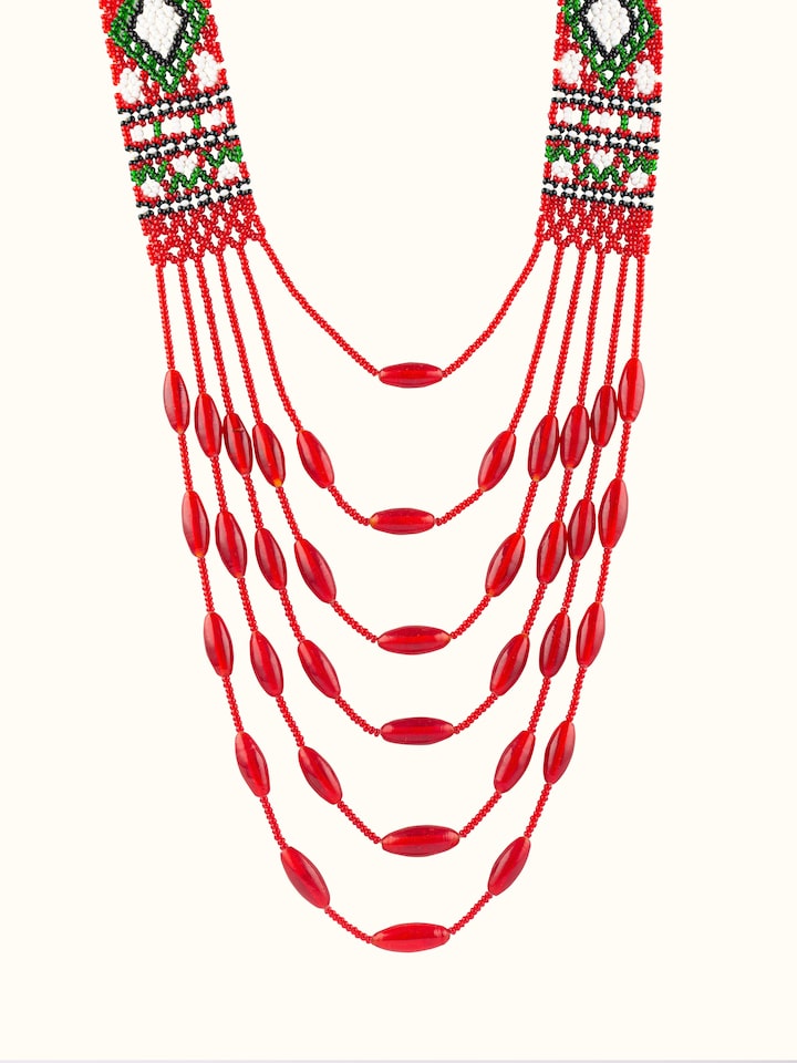 Front view of Glass Beads Long Necklace showcasing colorful beads and intricate beading design.