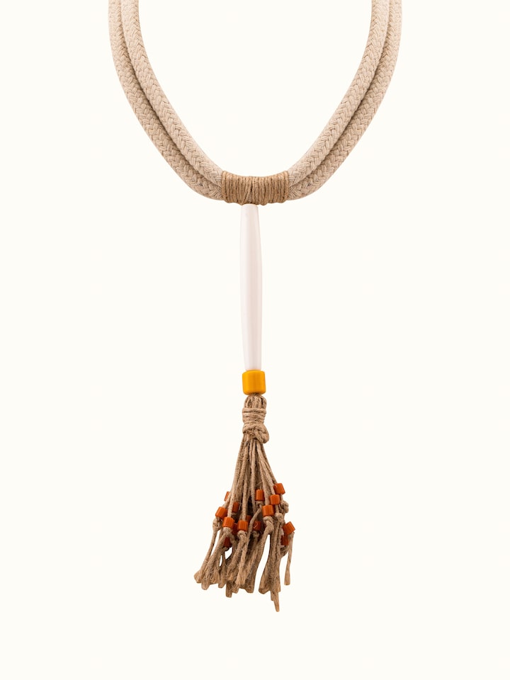 Front view of Cotton Chords & Faux Bones Collar Necklace featuring unique design and materials.